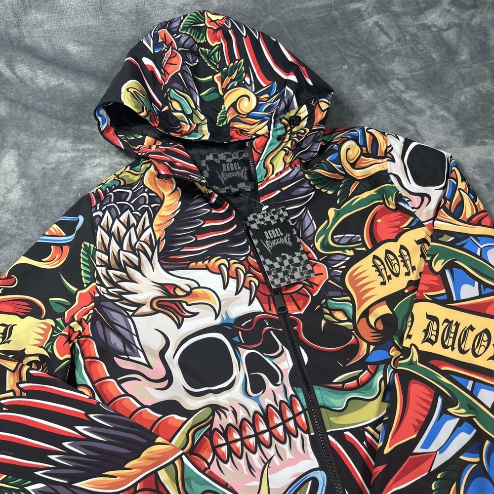 Rebel Vengeance‎ Windbreaker Hoodie Mens Small Skulls Roses All Over Print NEW